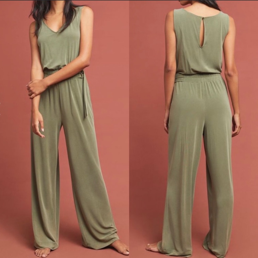 Anthropologie X Saturday Sunday Peregrinate Belted Wide Leg Modal Jumpsuit Green